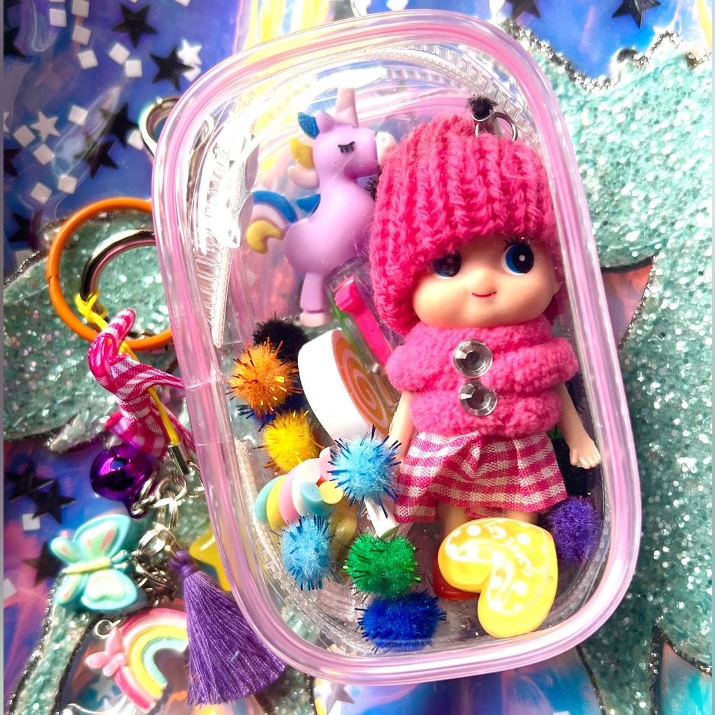 Adorable Mini Doll Purse Charm, Pink Pvc Pouch With Unicorn Pen Charms Keychain